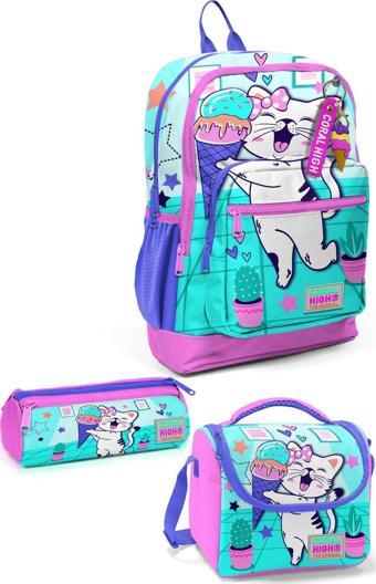 Coral High Kids Turkuaz Pembe Dondurmalı Kedi Desenli 3’lü Okul Çanta Seti SET0123751