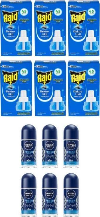 Raid Elektrolikit Sinek Kovucu Yedek Şişe 45 Gece 6 Adet+Nivea Rollon Fresh Active 25 Ml 6 Adet