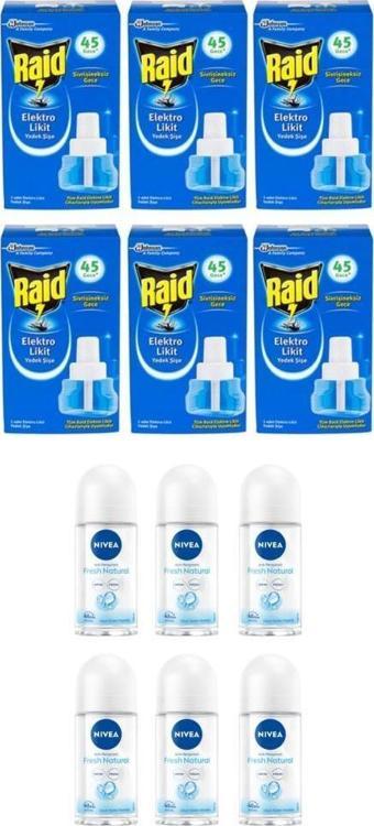 Raid Elektrolikit Sinek Kovucu Yedek Şişe 45 Gece 6 Adet+Nivea Rollon Fresh Naturel 25 Ml 6 Adet