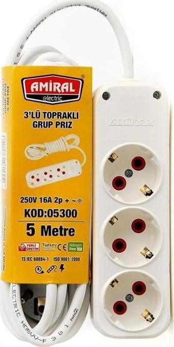 3 lü Topraklı 5 Metre Kablolu Grup Priz