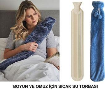 SICAK SU TORBASI BOYUN VE OMUZ ICIN  UZUN PELUŞ MAVİ PONPONLU 2LT TERMOFOR 75x13CM