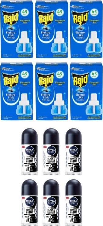 Raid Elektrolikit Sinek Kovucu Yedek Şişe 45 Gece 6 Adet+Nivea Rollon B&W Original 25 Ml 6 Adet