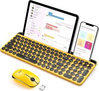 Seenda Yuvarlak Tuşlu Sevimli Kablosuz Klavye ve Mouse, Bluetooth 2.4G - Sarı/Siyah