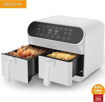 Groove Max Plus XXL 1800W (4Lt+4Lt) 8Lt Çift Hazneli Smart Airfryer Air Fryer Yağsız Sıcak Hava Fritözü Beyaz