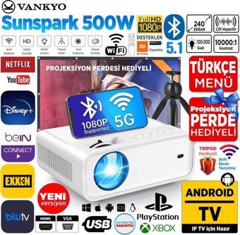 Vankyo Sunspark 500W Android TV 1080P Destekli Projeksiyon Cihazı 5GWi-Fi+5.1Bluetooth 240 Inç Yansıtma-Dahili Hoparlör