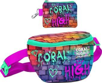 Coral High Erkek Çocuk Pembe Lacivert Grafiti Desenli Bel Çantası ve Bozuk Para Cüzdanı Set