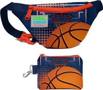 Coral High Erkek Çocuk Turuncu Lacivert Basketbol Desenli Bel Çantası ve Bozuk Para Cüzdanı Set