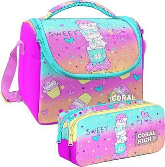 Coral High Renkli Dondurmalı Kedi Desenli Kız Çocuk Isı Yalıtımlı Beslenme Çantası ve Kalemlik Seti