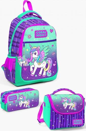 Coral High Kids Mor Su Yeşili Unicorn Desenli 3’lü Okul Çanta Seti - Kız Çocuk
