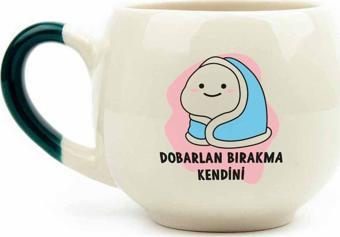 Dobarlan Bırakma Kendini Krem Parlak Balon Kupa (Yeşil Kulp) - Hediye Seramik Kupa