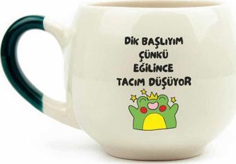 Eğilince Tacım Düşüyor Krem Parlak Balon Kupa (Yeşil Kulp) - Hediye Seramik Kupa