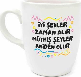 İyi Şeyler Zaman Alır Müthiş Şeyler Aniden Olur Krem Oval Kupa - Hediye Seramik Kupa