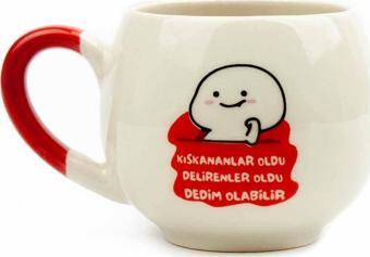 Kıskananlar Oldu Delirenler Oldu Dedim Olabilir Krem Parlak Balon Kupa (Kırmızı Kulp) - Hediye Seramik Kupa