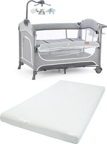 Gulz Atlas Plus Anne Yanı Sallanır Cibinlikli Dönenceli Oyun Parkı Bebek Beşik 70X110 Cm + Visco Yatak Light Grey