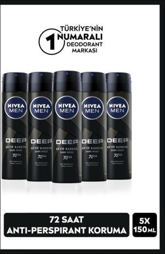 Nivea Men Erkek Sprey Deodorant Deep Dimension 48 Saat Anti-Perspirant Koruma 150 ml X 5 Adet