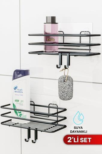 Bino 2Li Set Banyo Düzenleyici Şampuanlık Mat Siyah Yapışkanlı 4 Askılı Duş Rafı Paslanmaz Organizer