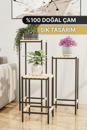 Bino Çiçeklik 3 Lü Set Ahşap Saksılık Dekoratif Lüks Bahçe Mobilyası Saksı Standı Bahçe Balkon Rafı