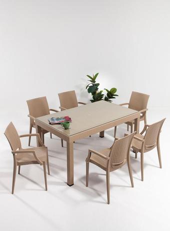 Sandalie Rattan Large Lüx Camlı Cappucino Masa Takımı Bahçe&Balkon 1 Camlı Masa + 6 Sandalye