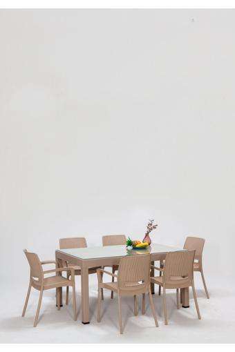 Sandalie Rattan Large Lüx Camlı Cappucino Masa Takımı Bahçe&Balkon 1 Camlı Masa + 6 Sandalye