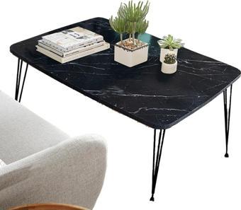 Elit Oval Siyah Mermer Masa Orta Sehpa Metal Firkete Ayaklı 50x90 Cm