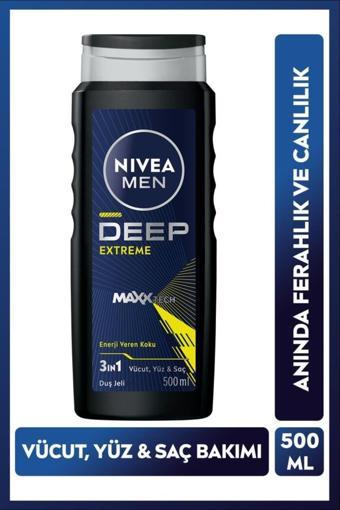 Nivea Men Erkek Deep Extreme Duş Jeli 500ml, 3'ü 1 Arada Komple Bakım, Vücut, Saç Ve Yüz Için, Ferah