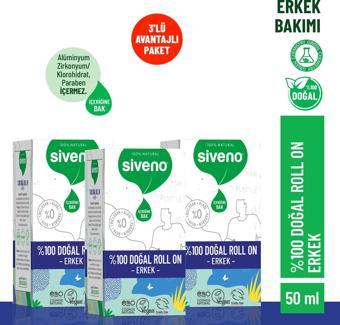 Siveno %100 Doğal Roll-On Erkek Deodorant Ter Kokusu Önleyici Bitkisel Leke Bırakmayan Vegan 50 ml X 3 Adet