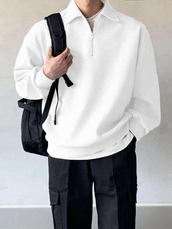 Genius Store Store Erkek Polo Yaka Oversize Sweatshirt Yarım Fermuar Sweatshirt Bej L