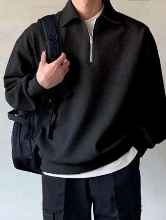 Genius Store Erkek Polo Yaka Oversize Sweatshirt Yarım Fermuar Sweatshirt Siyah S