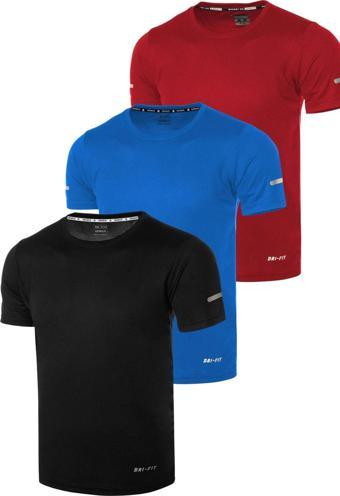 Genius Store 3'Lü Erkek Nem Emici Hızlı Kuruma Atletik Teknik Performans Spor T-Shirt Drıfıt-Kısakol3 Mavi M