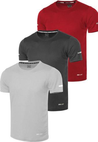 Genius Store 3'Lü Erkek Nem Emici Hızlı Kuruma Atletik Teknik Performans Spor T-Shirt Gri Xl