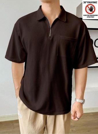Genius Store Erkek Oversize Polo Yaka Waffle T-Shirt Poloyaka-Fermuarlı Kahverengi L