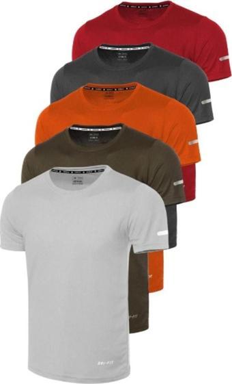 Genius Store 5'Li Erkek Nem Emici Hızlı Kuruma Atletik Teknik Performans Spor T-Shirt Drıfıt-Kısakol13 Gri L