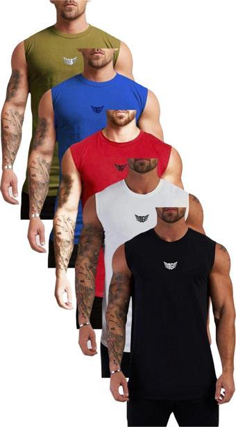 Genius Store 5'Li Erkek Nem Emici Hızlı Kuruma Atletik Teknik Performans Sporcu Sıfır Kol T-Shirt Mg-Atlet5 Kırmızı Xl