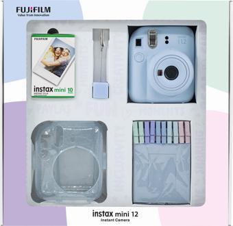 Instax mini 12 Mavi Fotoğraf Makinesi 10'lu Film Simli Pleksi Kılıf Mandal ve Kıskaçlı Resim Standı 