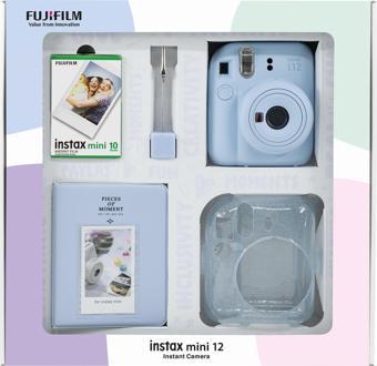 Instax mini 12 Mavi Fotoğraf Makinesi 10'lu Film Simli Pleksi Kılıf PVC Albüm ve Kıskaçlı Resim Stan