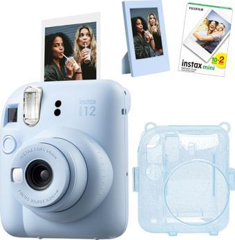 Instax mini 12 Mavi Fotoğraf Makinesi Simli Pleksi Kılıf Çerçeve ve 20'li Film Hediye Seti-FOTSI0019