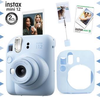 Instax mini 12 Mavi Fotoğraf Makinesi-10'lu Film-Kıskaçlı Resim Standı ve Silikon Kılıf Seti