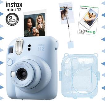 Instax mini 12 Mavi Fotoğraf Makinesi-10'lu Film-Kıskaçlı Resim Standı ve Simli Pleksi Kılıf Seti