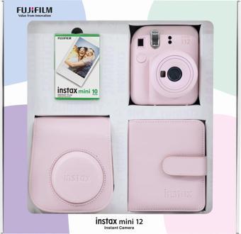 Instax mini 12 Pembe Fotoğraf Makinesi 10'lu Film Kare Albüm ve Deri Kılıf Bundle Box