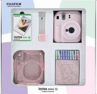 Instax mini 12 Pembe Fotoğraf Makinesi 10'lu Film Simli Pleksi Kılıf Mandal ve Kıskaçlı Resim Standı