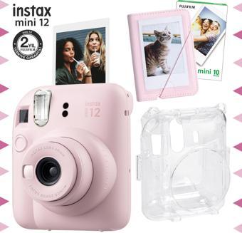 Instax mini 12 Pembe Fotoğraf Makinesi-10'lu Film-Mini Albüm ve Şeffaf Kılıf Seti