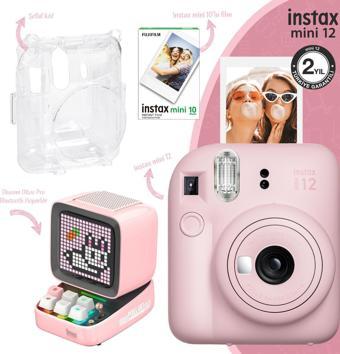 Instax mini 12 Pembe Fotoğraf Makinesi-10'lu Film-Şeffaf Kılıf ve Divoom Ditoo Pro Pembe Uyarlanabil