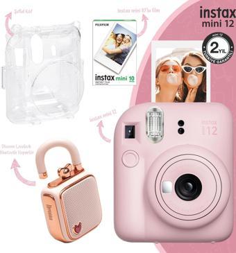 Instax mini 12 Pembe Fotoğraf Makinesi-10'lu Film-Şeffaf Kılıf ve Divoom LoveLock Mini Ses Kayıt Öze