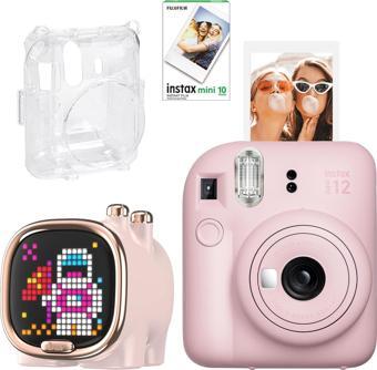 Instax mini 12 Pembe Fotoğraf Makinesi-10'lu Film-Şeffaf Kılıf ve Divoom Zooe Led Ekranlı Bluetooth 