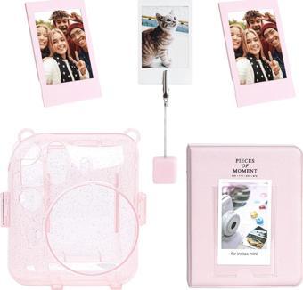 Instax mini 12 Simli Şeffaf Pembe Kılıf Pvc 64'lü Albüm ve Fotoğraf Çerçeveleri Aksesuar Seti