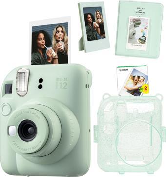 Instax mini 12 Yeşil Fotoğraf Makinesi Simli Pleksi Kılıf Pvc Albüm 20'li Film ve Çerçeveli Hediye S