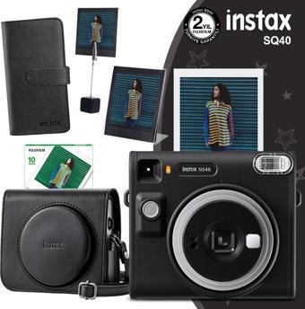 Instax SQ40 Siyah Fotoğraf Makinesi 10lu Kare Film Deri Kılıf Albüm Pleksi Çerçeve ve Kıskaçlı Stand