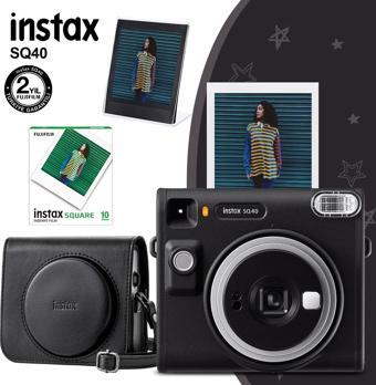 Instax SQ40 Siyah Fotoğraf Makinesi 10lu Kare Film Deri Kılıf ve Pleksi Çerçeve