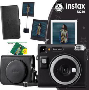 Instax SQ40 Siyah Fotoğraf Makinesi 20li Kare Film Deri Kılıf Albüm Pleksi Çerçeve ve Kıskaçlı Stand