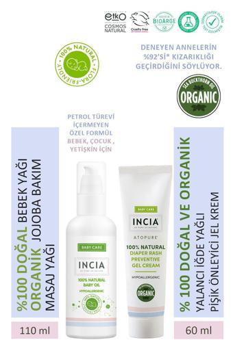 INCIA %100 Doğal Pişik Önleyici Jel Krem 60 ml & %100 Doğal Bebek Yağı Organik Masaj Yağı 110 ml Set